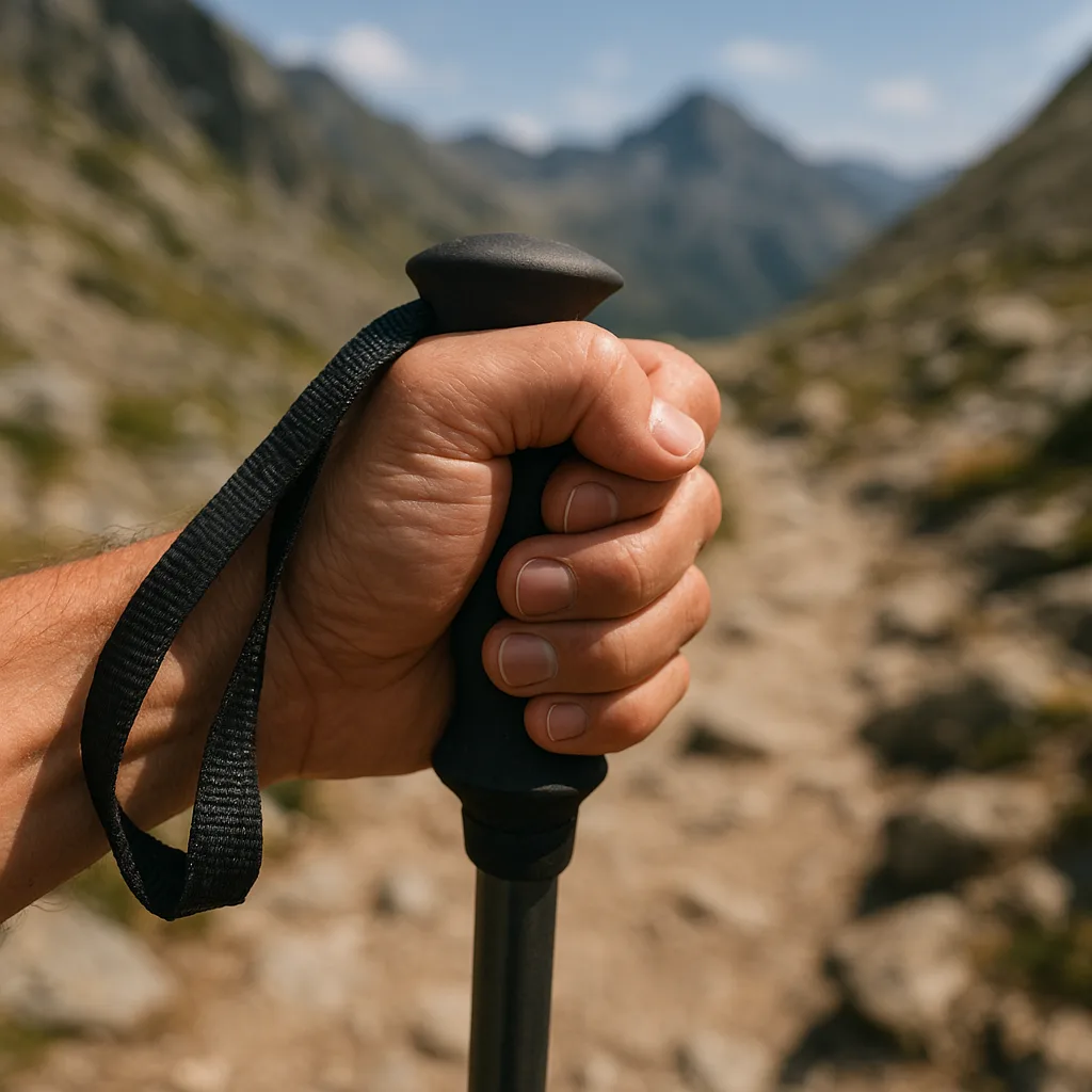 Primer plano de las manos sujetando la empuñadura de un bastón de trail durante una subida