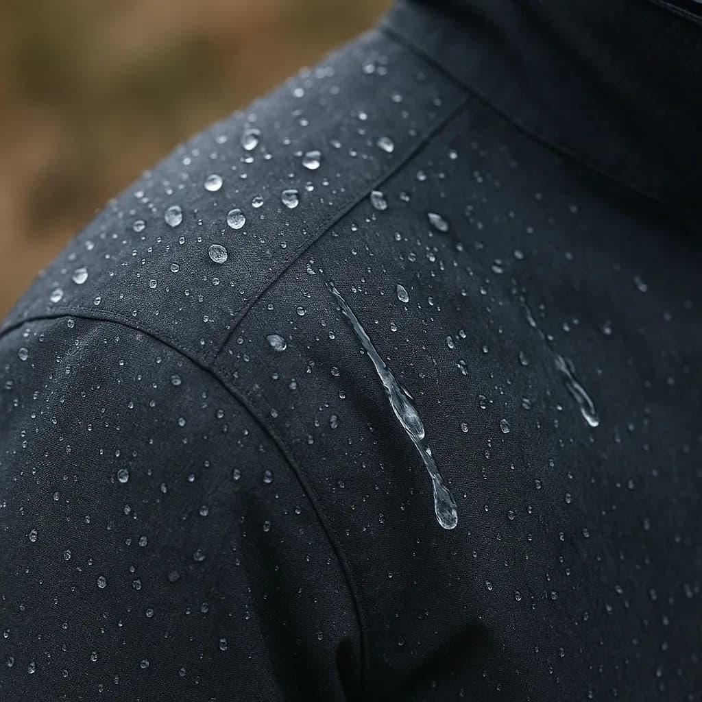 Primer plano de gotas de agua deslizándose sobre el tejido impermeable de una chaqueta