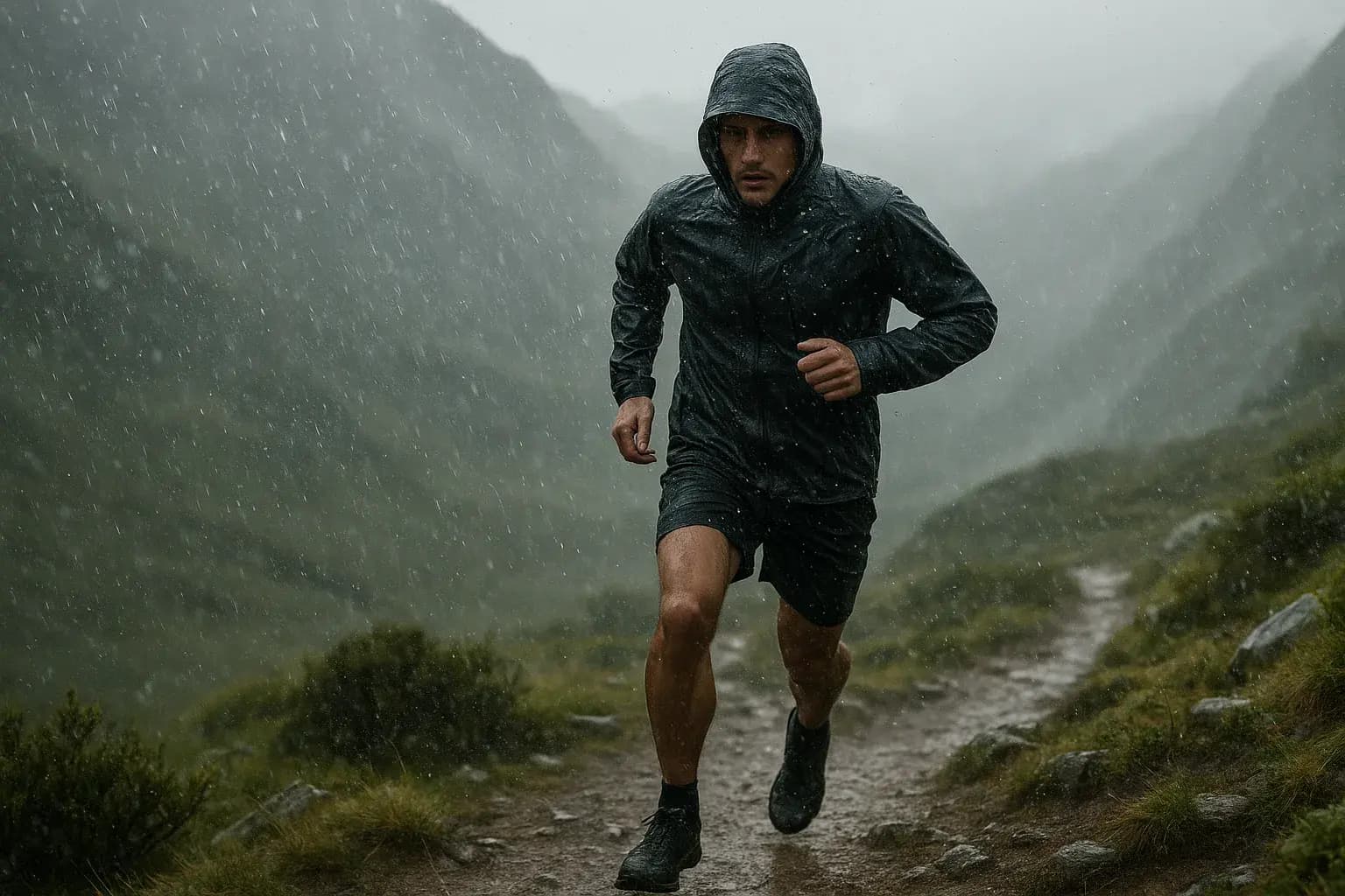 Corredor con chaqueta impermeable y capucha puesta bajo lluvia intensa en un sendero de montaña