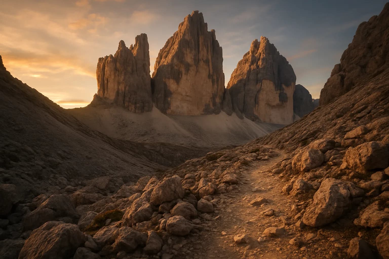 Sendero técnico rocoso en terreno dolomítico, torres de roca caliza al amanecer