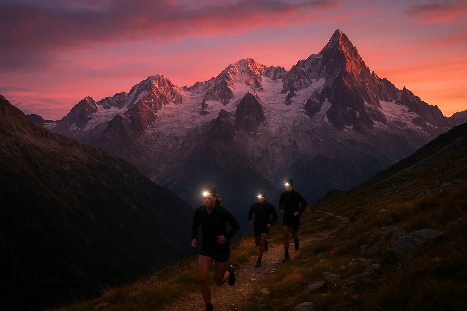 Corredores con frontal en un sendero de alta montaña al amanecer, macizo alpino de fondo