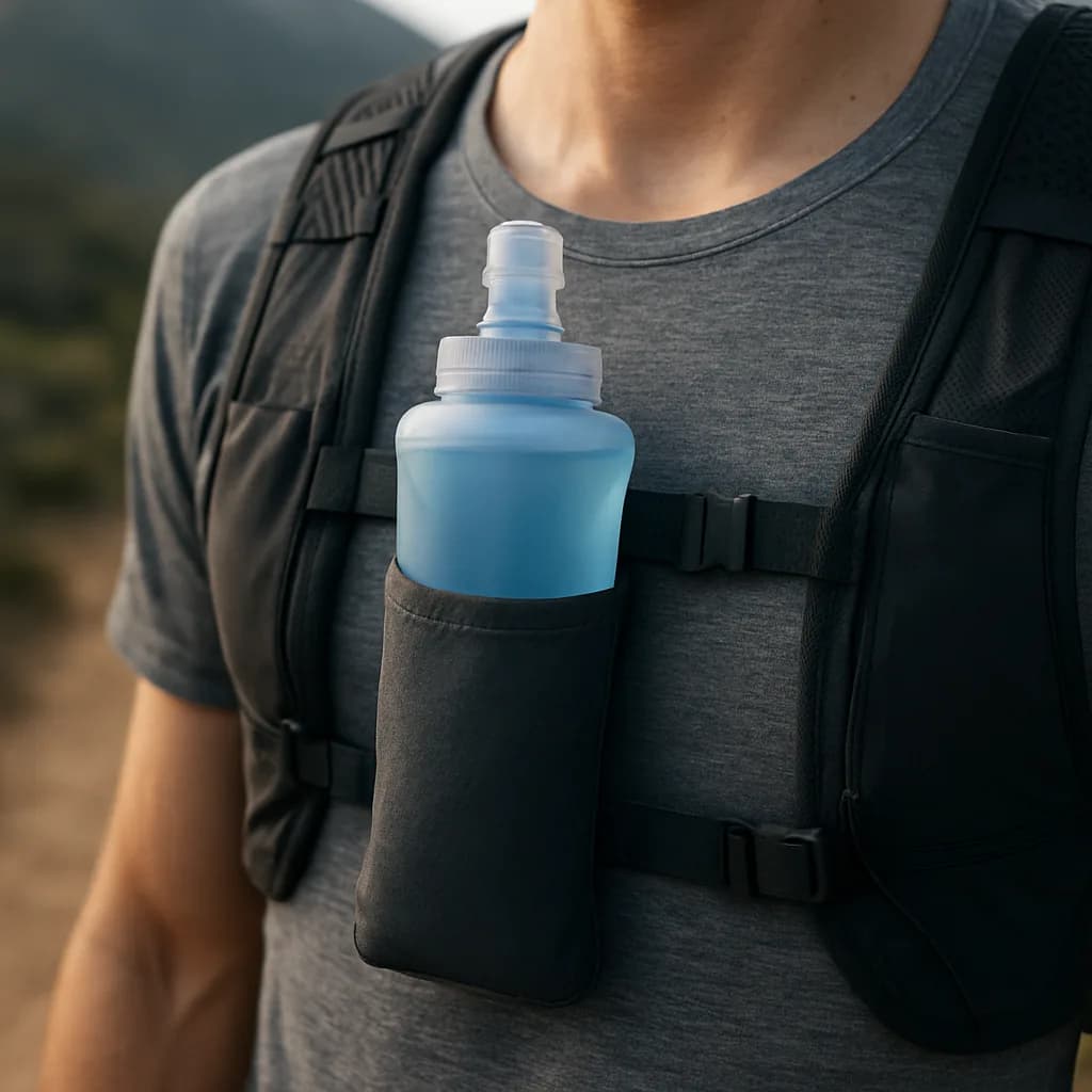 Primer plano de un flask de hidratación en el tirante delantero de una mochila de trail