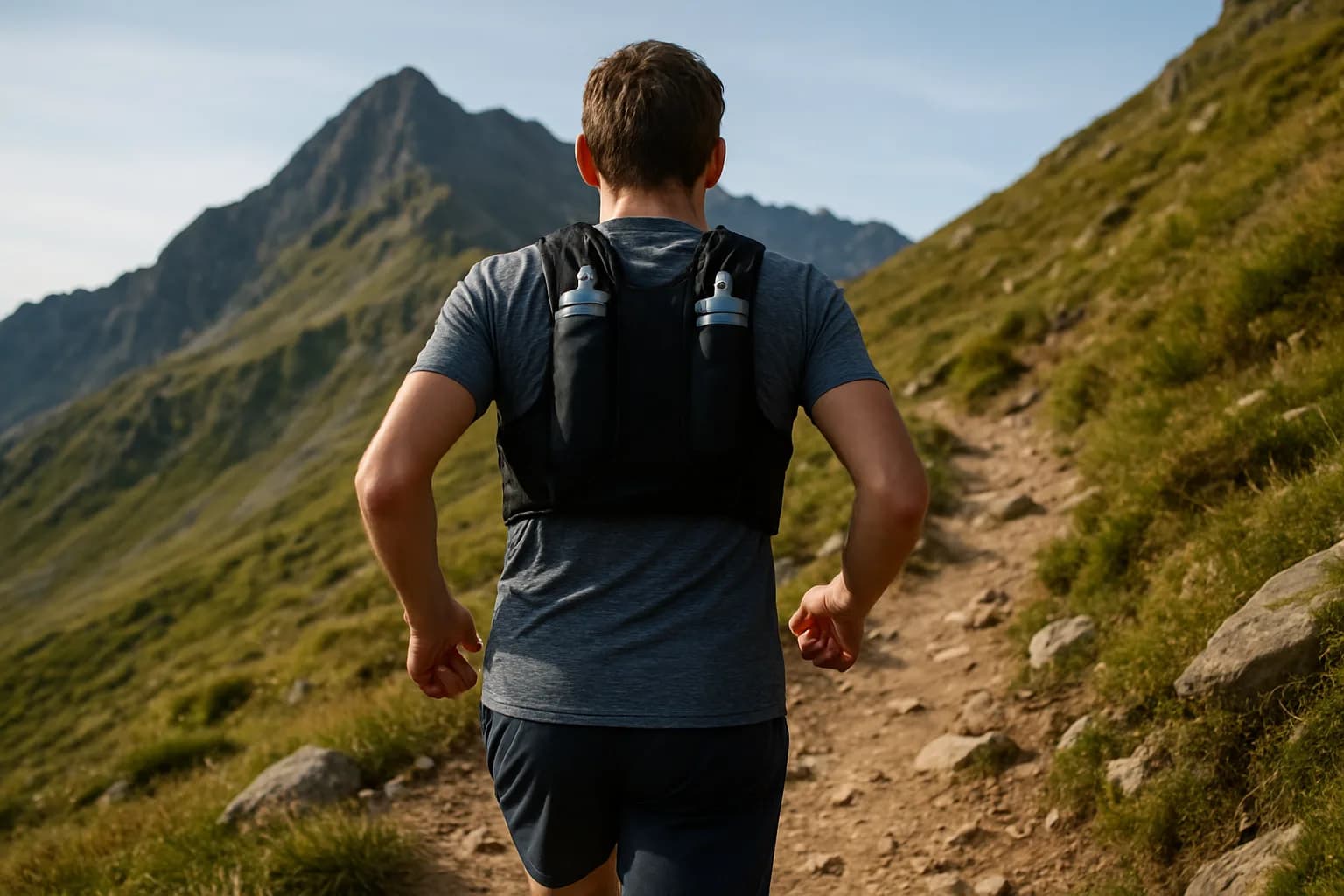 Corredor de espaldas con mochila de hidratación tipo chaleco subiendo un sendero de montaña
