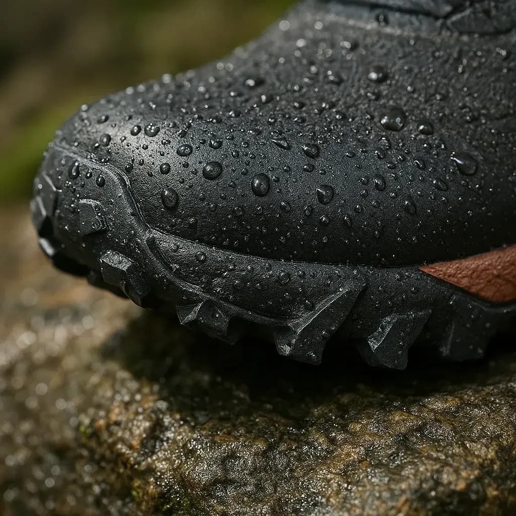 Primer plano de la suela de una zapatilla de trail mostrando los tacos de agarre sobre roca mojada