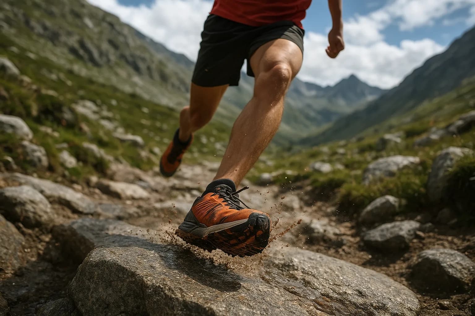 Corredor de trail running en plena zancada sobre terreno rocoso de montaña, salpicaduras de barro en la zapatilla
